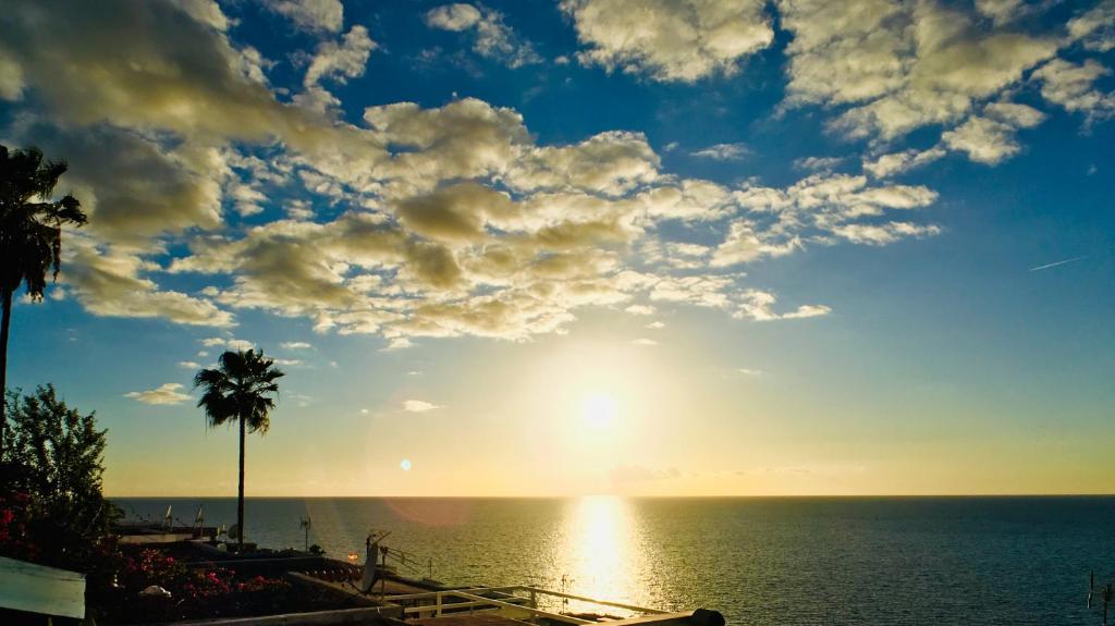 a sunset over the ocean with a palm tree at Casa Solaris at Anfi Beach with Private Terrace, Pool & Netflix in Arguineguín
