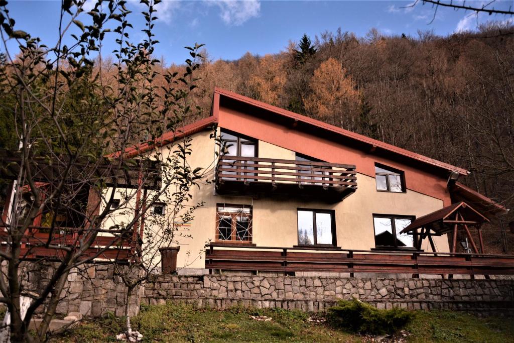 a large house with a stone wall at Casa Teodora in Sinaia
