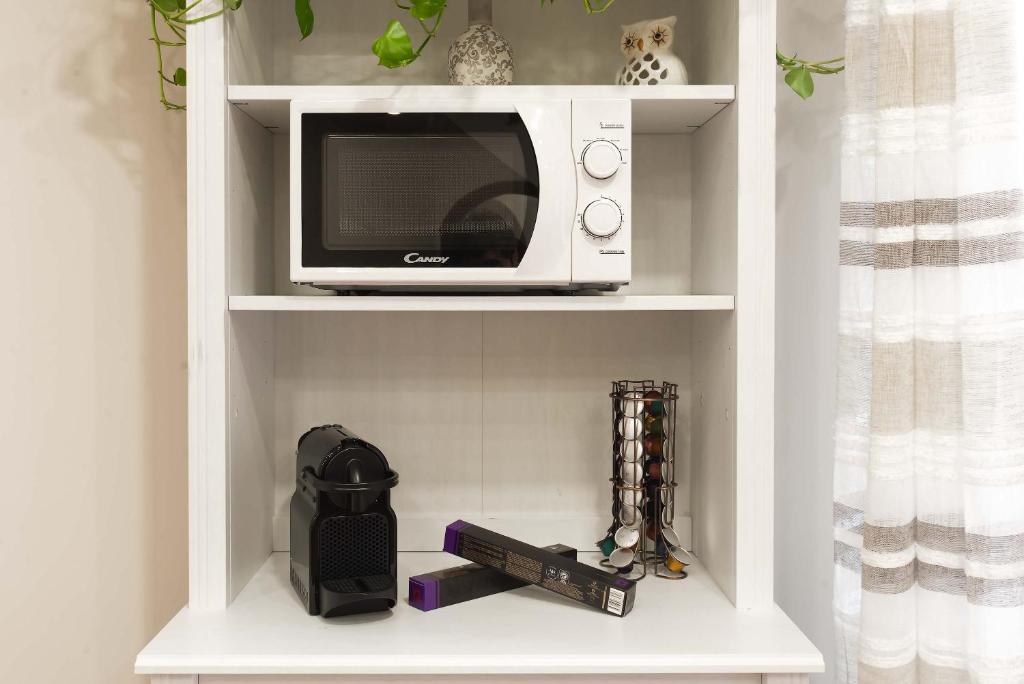 a microwave sitting on a shelf in a kitchen at Plaza Rooms Ciampino in Ciampino