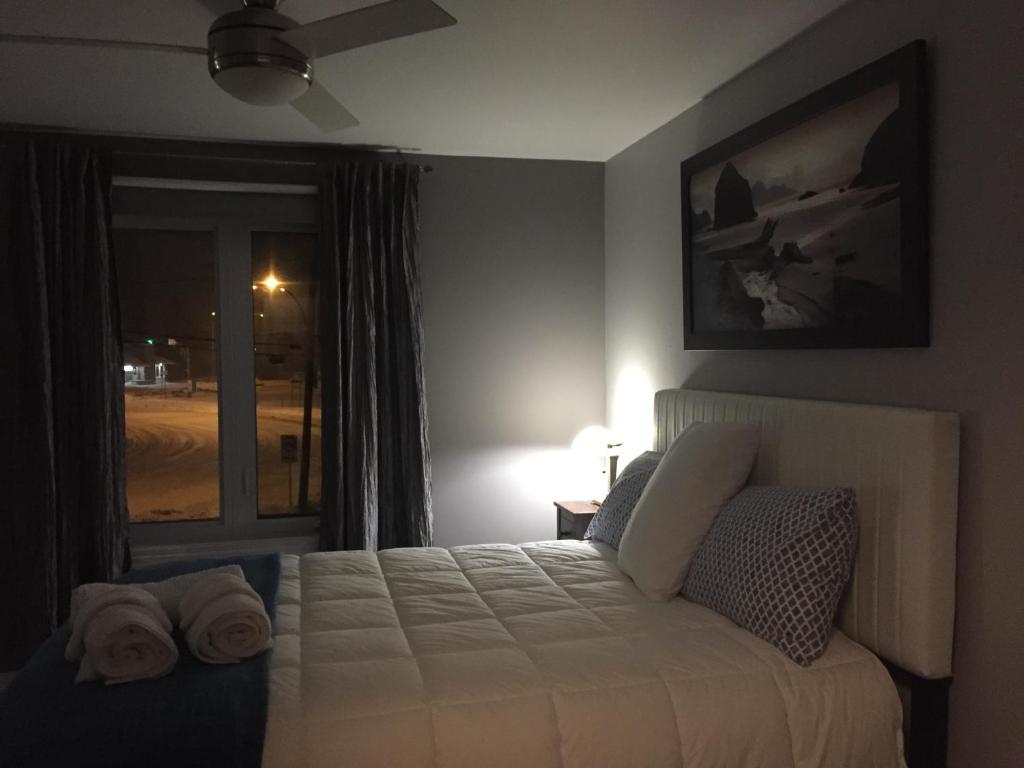 a bedroom with a bed and a window at Gîte Zazen in Mont-Laurier