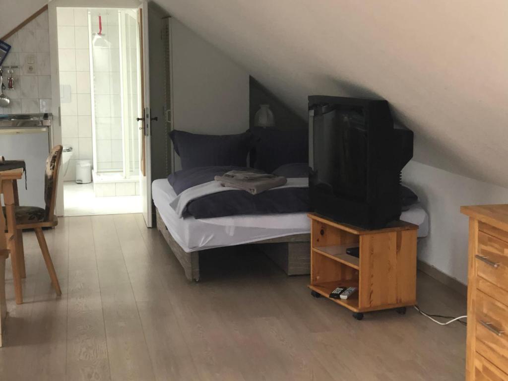 ein Schlafzimmer mit einem Bett und einem TV auf einem Tisch in der Unterkunft Ferienhaus Dierhagen Strand I & II in Dierhagen