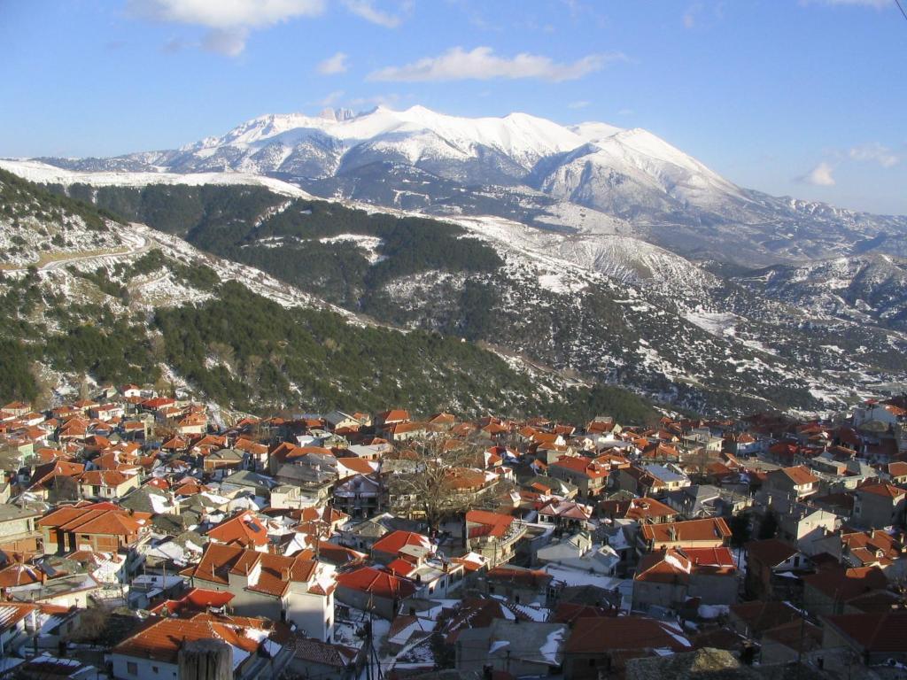 a view of a town with snow covered mountains at Traditional Guesthouse Lanari in Livádion