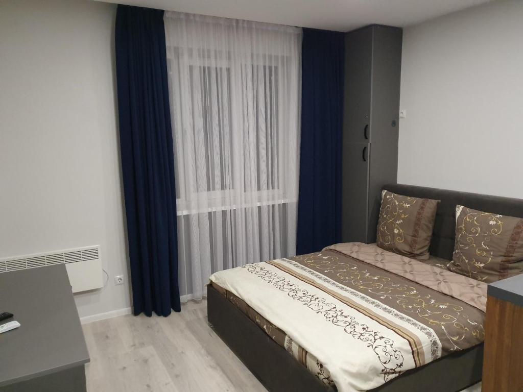 una camera con letto e finestra con tende blu di Silver Star Apartment a Užhorod
