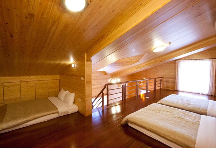 two beds in a room with wooden walls and wood floors at Aurora in Wujie