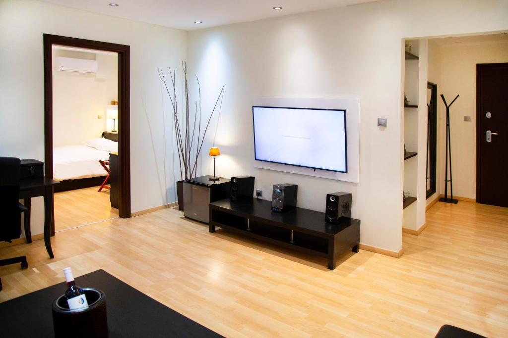 een woonkamer met een flatscreen-tv aan de muur bij Athens Best location, 6 Ermou street, Syntagma square in Athene