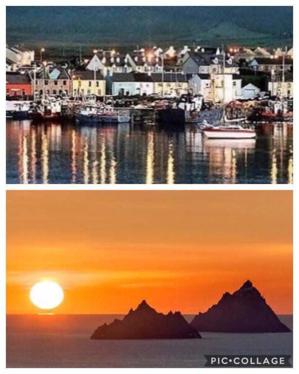 due foto di un tramonto e di un porto con barche di Skellig Port Accomodation - Sea View Rooms Ensuite a Portmagee