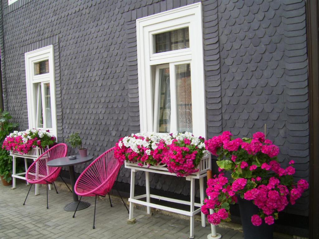 um pátio com cadeiras cor-de-rosa e flores em frente a um edifício em Ferien-/ Monteurwohnung Nette em Themar