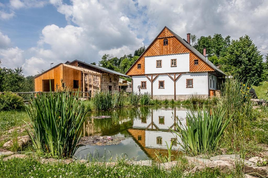 een huis en een vijver voor een huis bij Ábelův mlýn in Turnov