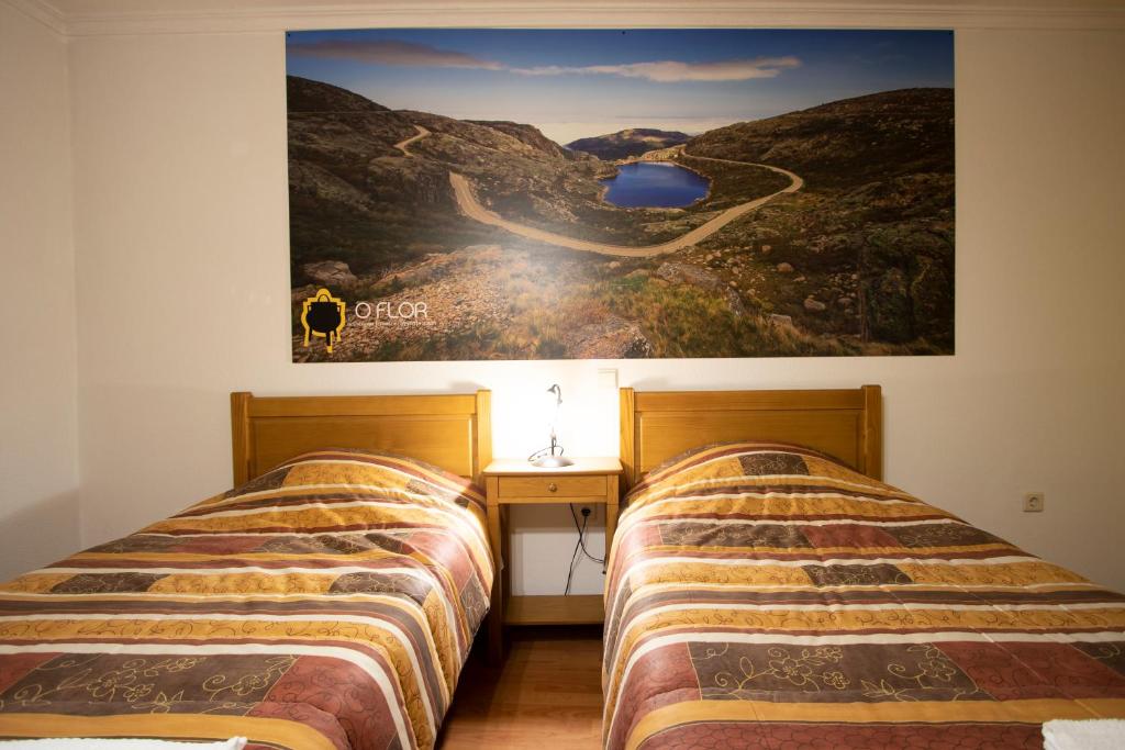 1 dormitorio con 2 camas y una foto en la pared en Casas do Flor, en Gouveia