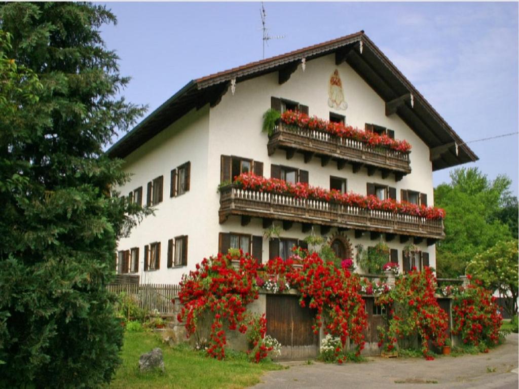 une maison avec des fleurs rouges sur son côté dans l'établissement Zum Dammerbauer, à Straßlach-Dingharting