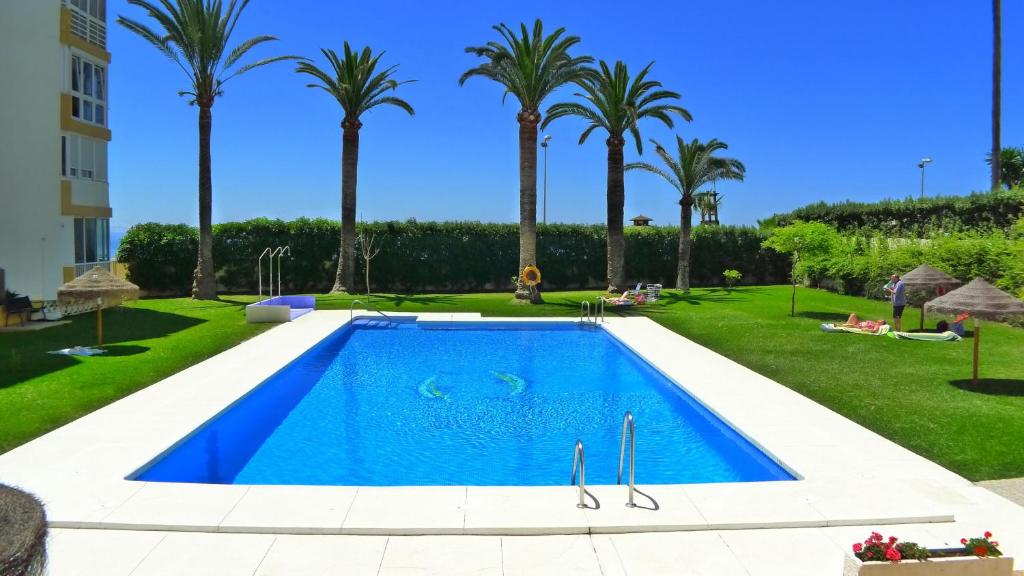 - une piscine dans une cour avec des palmiers dans l'établissement Torresol, à Nerja