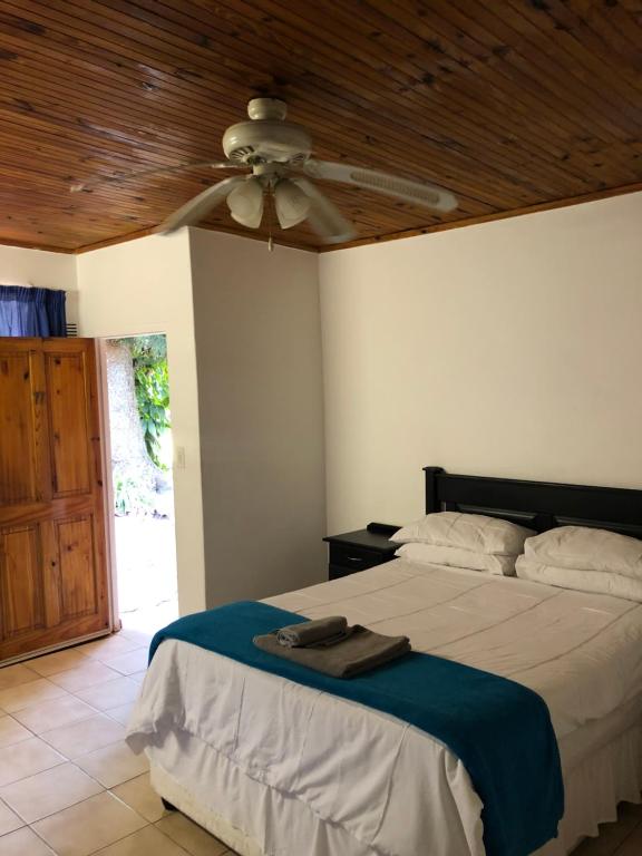 Schlafzimmer mit einem Bett und einem Deckenventilator in der Unterkunft Carsdale country lodge in Empangeni