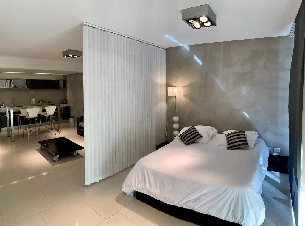 een slaapkamer met een wit bed met kussens erop bij Soho Luxury Loft in Buenos Aires