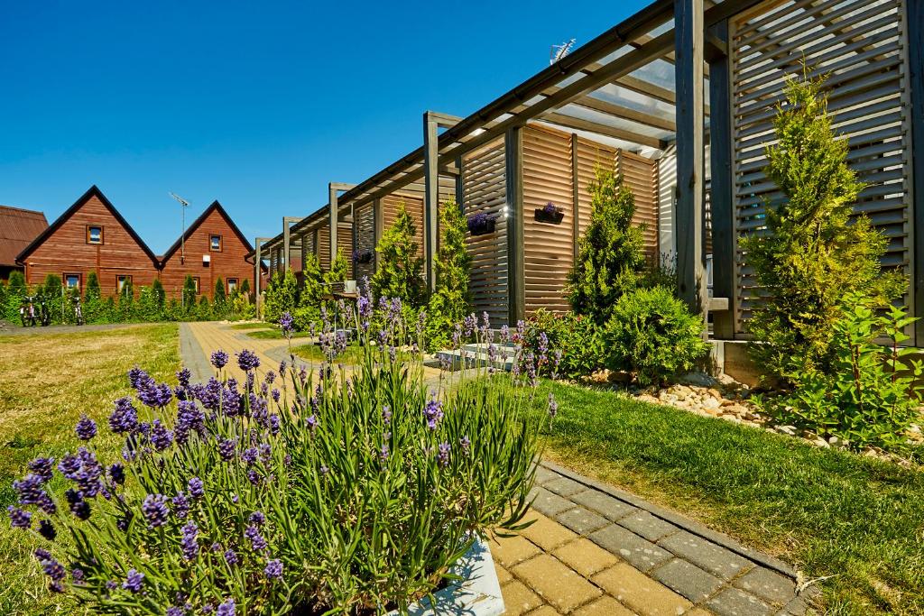 a garden with purple flowers in front of a building at Lawendowy Zakątek in Sianozety