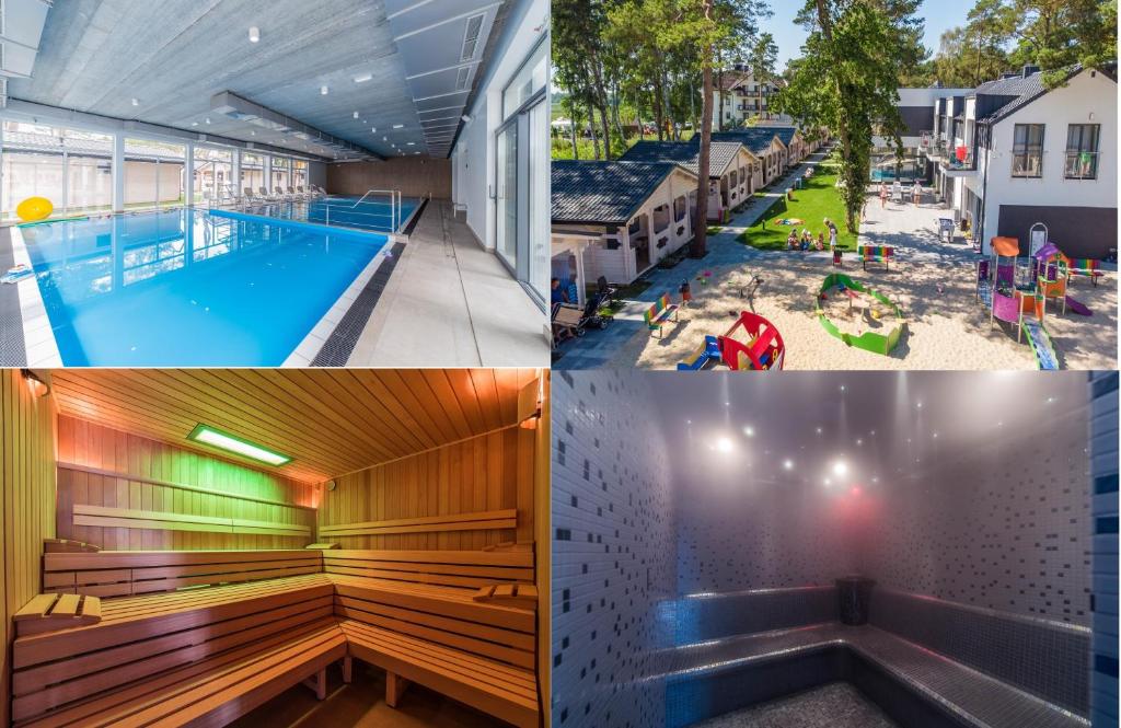 eine Collage mit Fotos mit Pool und Spielplatz in der Unterkunft Family-Holiday Spa&Resort in Dziwnówek