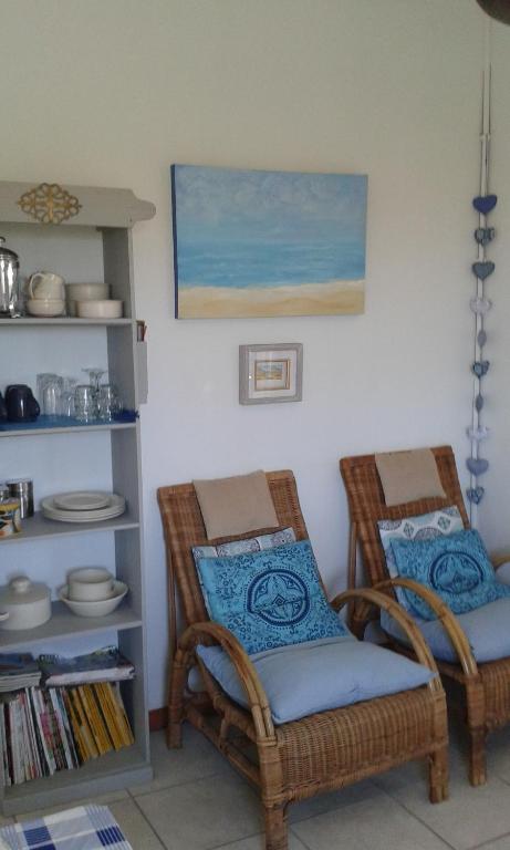 two wicker chairs in a room with a book shelf at Vlei Studio in Bettyʼs Bay