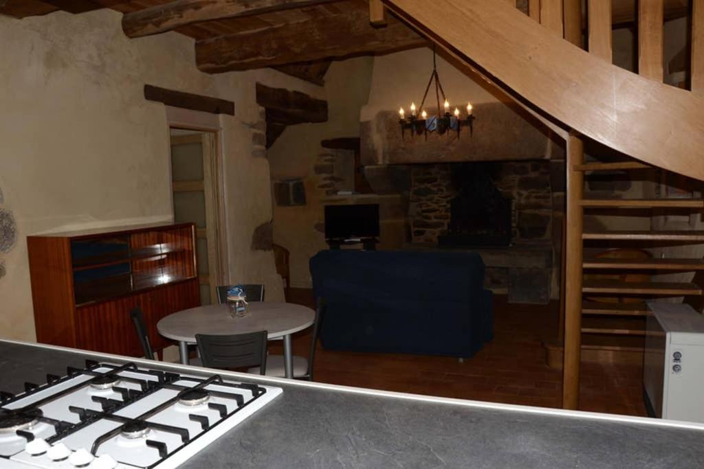 a kitchen with a stove and a table and a fireplace at Gîte 3 pers Jacuzzi extérieur sous bulle, possibilité table d&#39;hôtes le soir in Tréduder