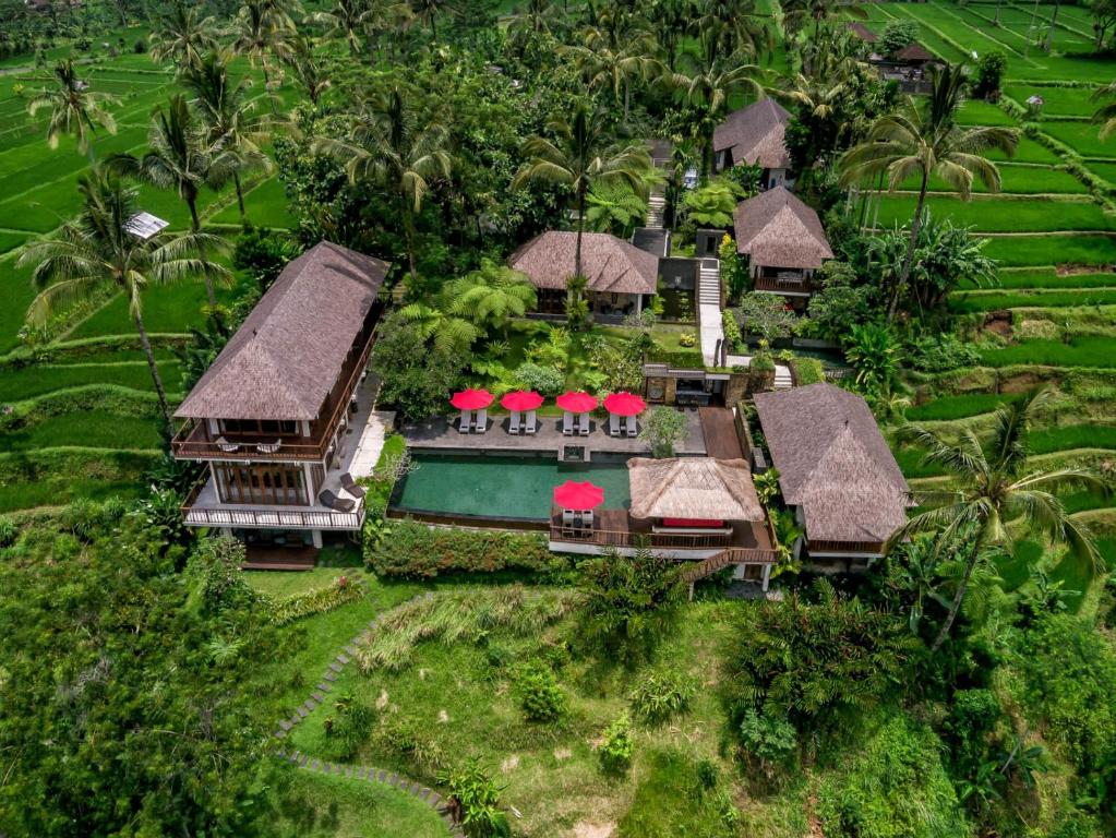 an aerial view of a resort with a swimming pool at Awan Biru Villas in Payangan