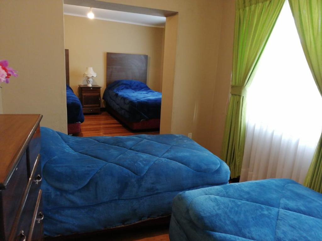1 dormitorio con 2 camas azules y espejo en Hotel S & S en La Paz