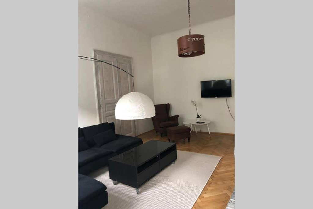 Premium Apartment in Altstadtnähe في غراتس: غرفة معيشة مع أريكة سوداء وطاولة