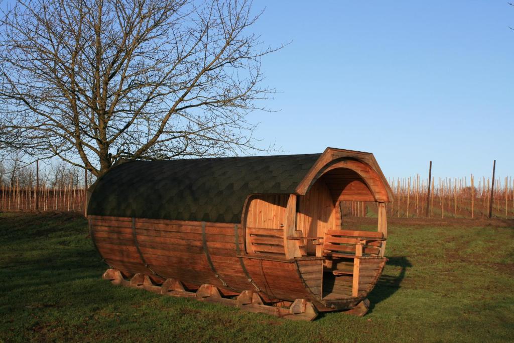 a large wooden boat sitting in the grass at Helshovens wijnvat in Borgloon