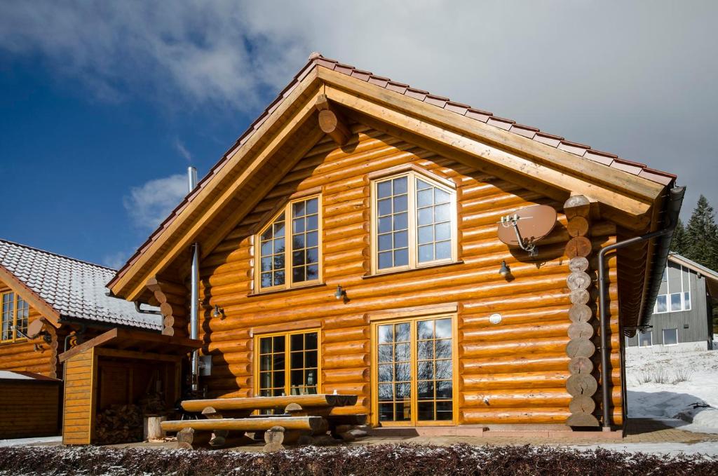 una baita di tronchi con finestre e tetto di Luxus-Ferienhaus Blockhaus Chalet Nr 1 Toplage am Feldberg mit Sauna, Outdoor-Hottub, Kamin auf 1300m üM a Feldberg