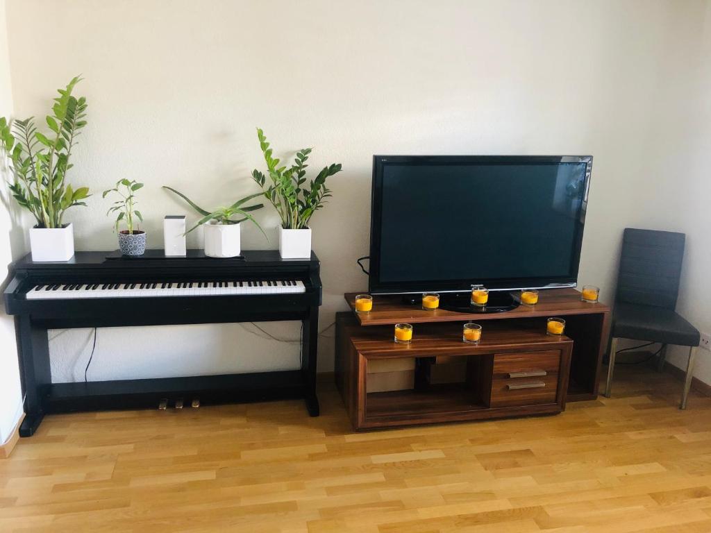 uma sala de estar com um piano e uma televisão de ecrã plano em Homestay Zürich HB Room em Zürich