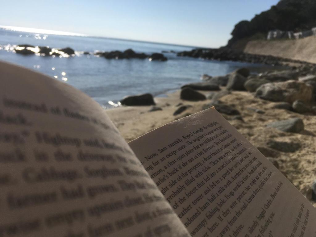 un livre sur une plage avec l'océan en arrière-plan dans l'établissement Apartment Seaview, à Santa Maria