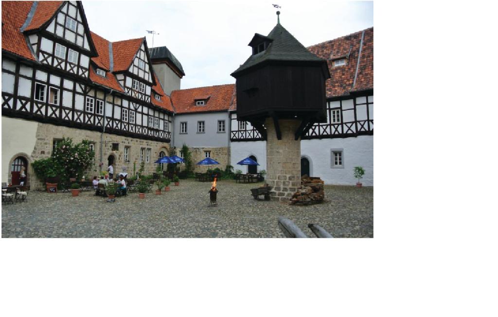 einen Innenhof eines Gebäudes mit einem Vogelhaus in der Unterkunft Adelshof Quedlinburg in Quedlinburg