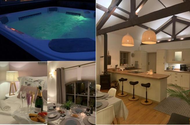 a kitchen and a living room with a swimming pool at Stunning Barn private hot tub Worcester & Malvern Sleeps 6 in Worcester