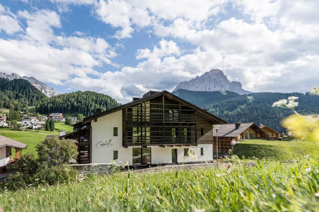 a house in a field with mountains in the background at Cadepunt The Dolomites Lodge in Selva di Val Gardena