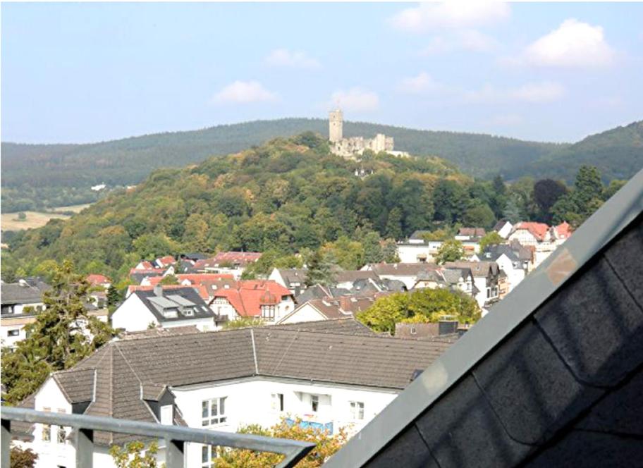 vistas a una ciudad con un castillo en una colina en Voll ausgestattetes Penthouse-Zimmer mit Bad, en Königstein im Taunus