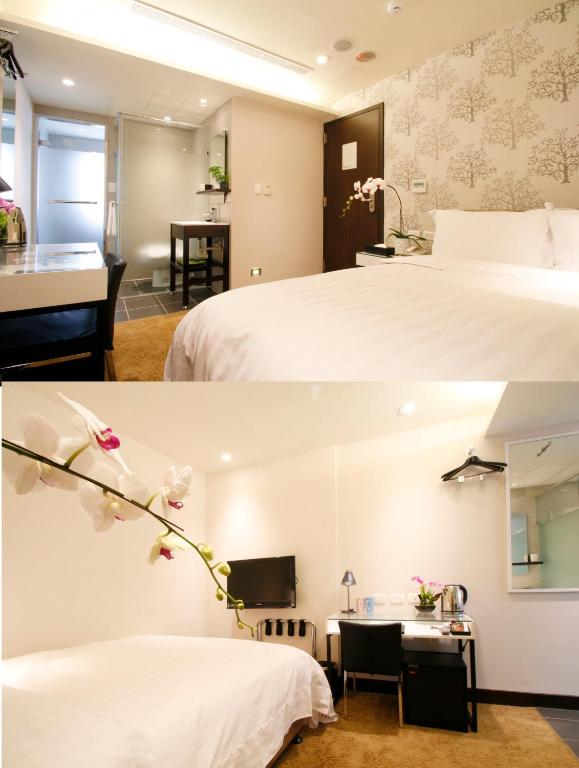 two pictures of a hotel room with two beds at Hotel Puri in Taipei