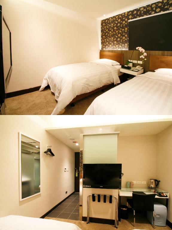 two pictures of a hotel room with a bed and a tv at Hotel Puri in Taipei