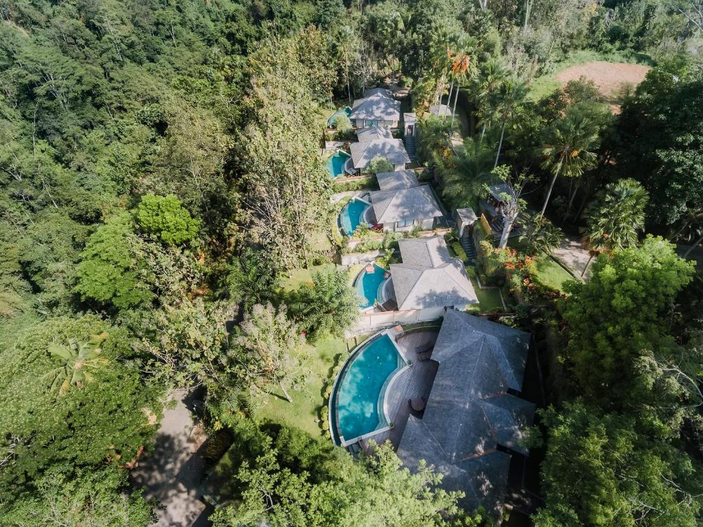 The Grand Bakas Jungle Retreat Villa في Klungkung: إطلالة علوية على حديقة مائية مع مسبح