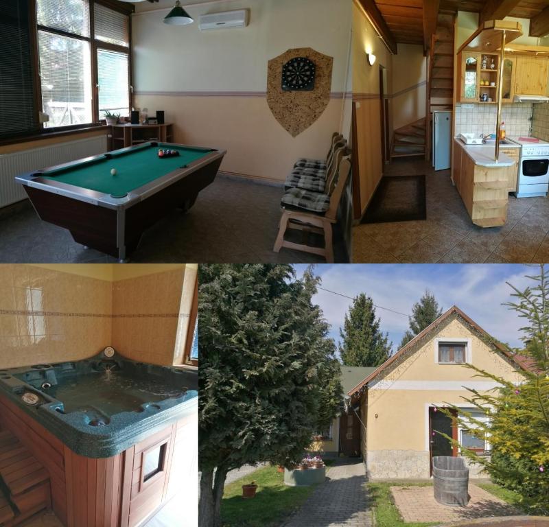 two pictures of a house with a pool table at Gergely Vendégház in Zirc