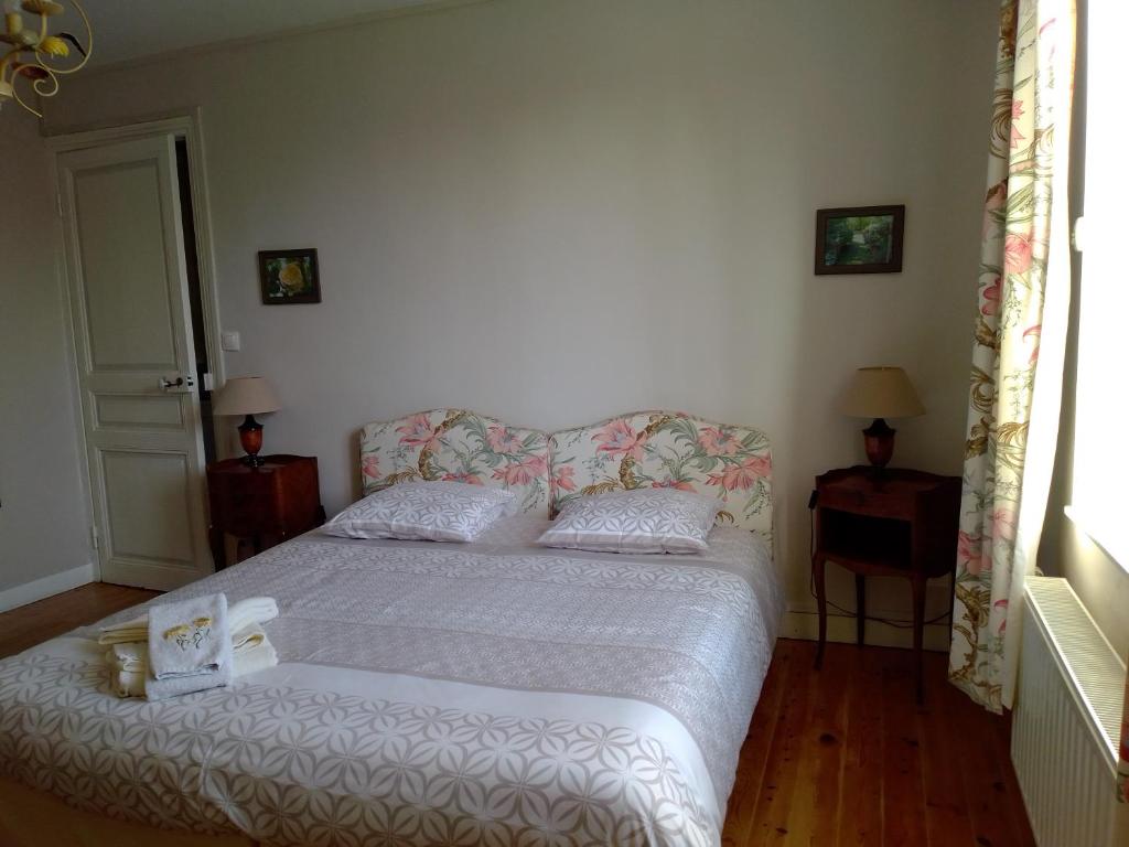 um quarto com uma cama grande e 2 almofadas em Chez Marie em Dunkerque