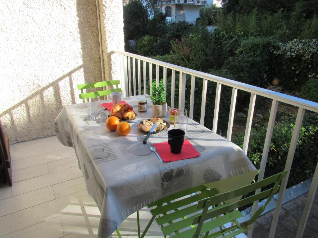 - une table sur un balcon avec de la nourriture dans l'établissement La mer à 3 minutes, la clé d'un séjour réussi !, à Saint-Cyr-sur-Mer