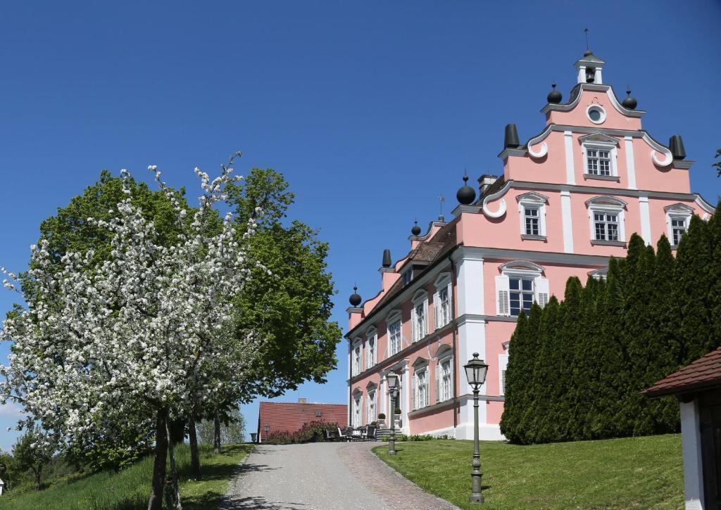 ein rosafarbenes Gebäude mit einem Baum davor in der Unterkunft Hotel Schloss Freudental in Allensbach
