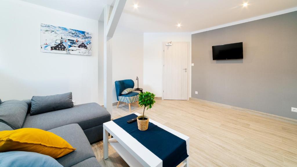 Televízia a/alebo spoločenská miestnosť v ubytovaní Apartamenty EverySky - Dom Orkana 9
