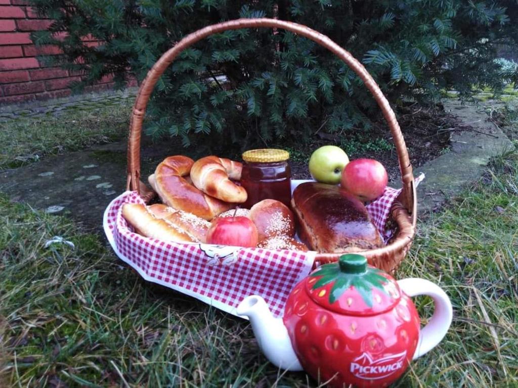 kosz chleba i jabłek w trawie w obiekcie Hagyományt örző egyesület w mieście Pačir