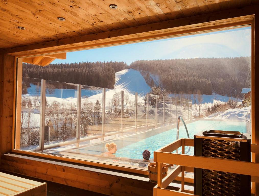 een raam in een hut met uitzicht op een zwembad bij Hotel Schlehdorn in Feldberg