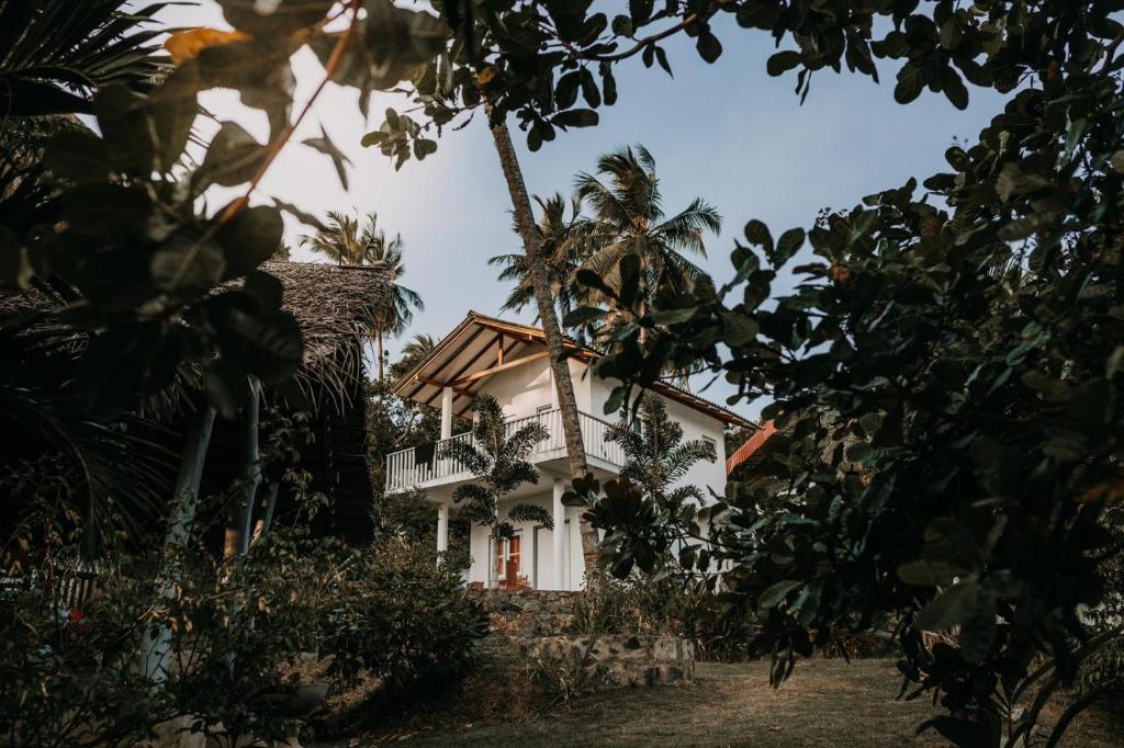 une maison blanche avec un palmier en face dans l'établissement Hiru Villa Tangalle, à Tangalle