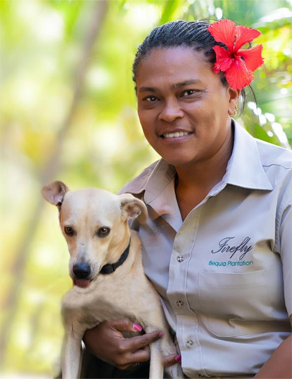 a woman holding a dog with a red flower in her hair at Firefly Estate Bequia in Crescent Beach