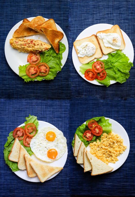A four-panel presentation of egg-and-bread breakfast plates.