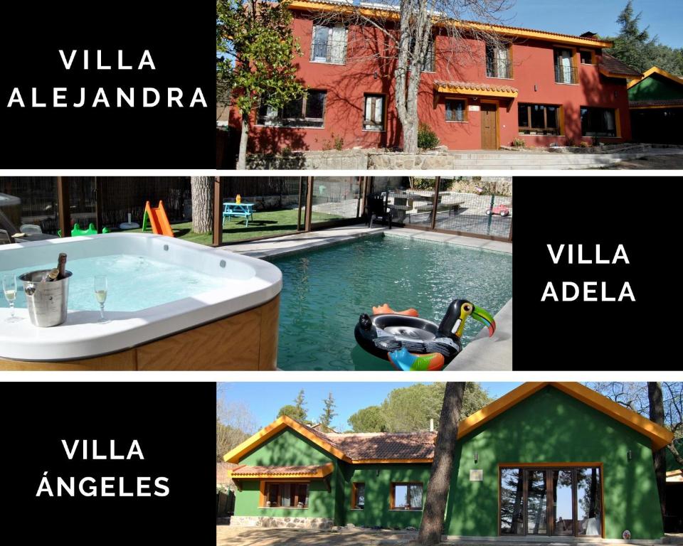 kolaż zdjęć domu i basenu w obiekcie Complejo Casas Rurales MANSIONES Y VILLAS DELUXE w mieście Collado Mediano