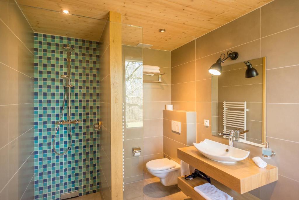 a bathroom with a sink and a toilet and a shower at La Ferme du Lignon in Geneva