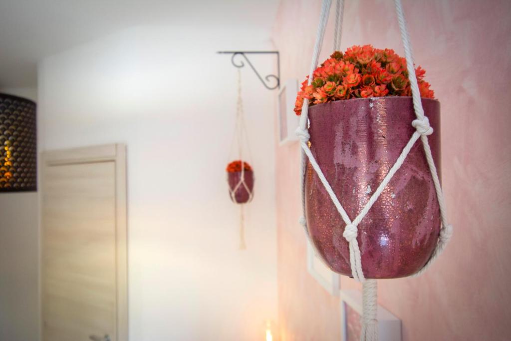 a purple flower pot hanging on a wall at Piccolo Hotel Boutique in Rome