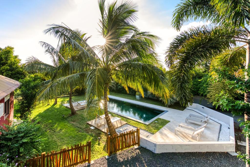 einen Luftblick auf eine Villa mit einem Pool und Palmen in der Unterkunft Tipalais in Saint-Pierre