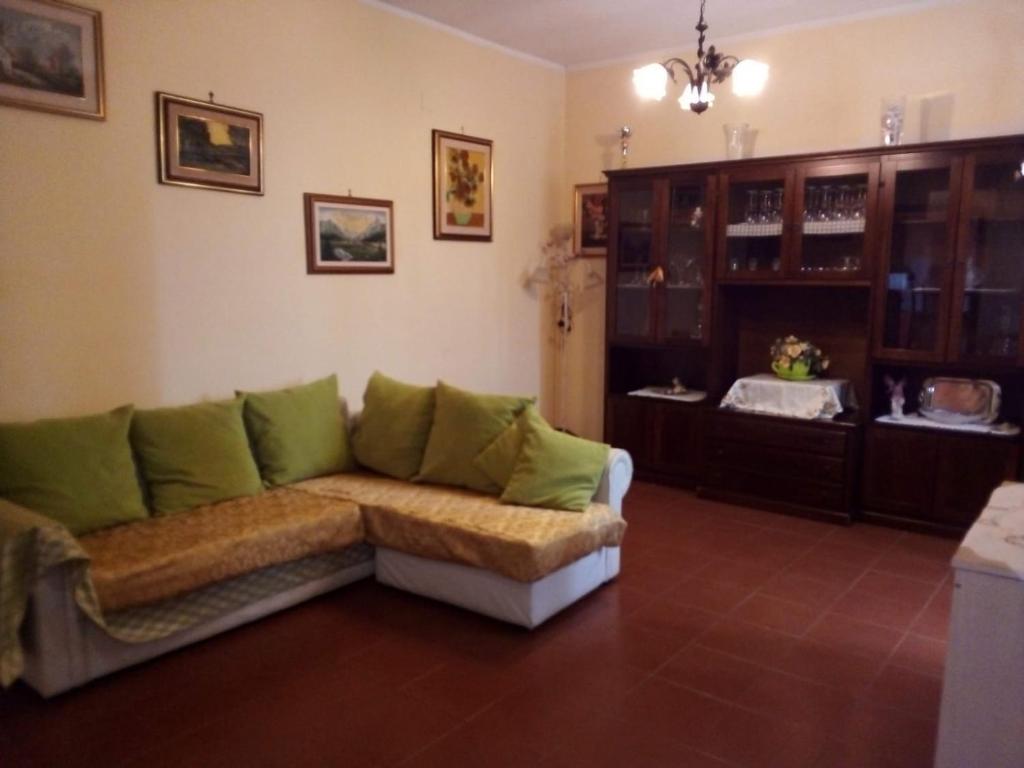 ein Wohnzimmer mit einem Sofa und grünen Kissen in der Unterkunft ALLOGGIO TURISTICO LA MIMOSA in Magliano Sabina